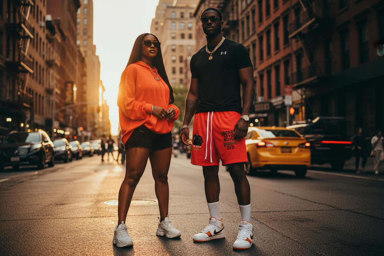 Orange mesh drawstring shorts with printed front graphic, elastic waistband