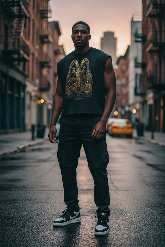 Black boxy French terry tank top, sleeveless with large gold front graphic