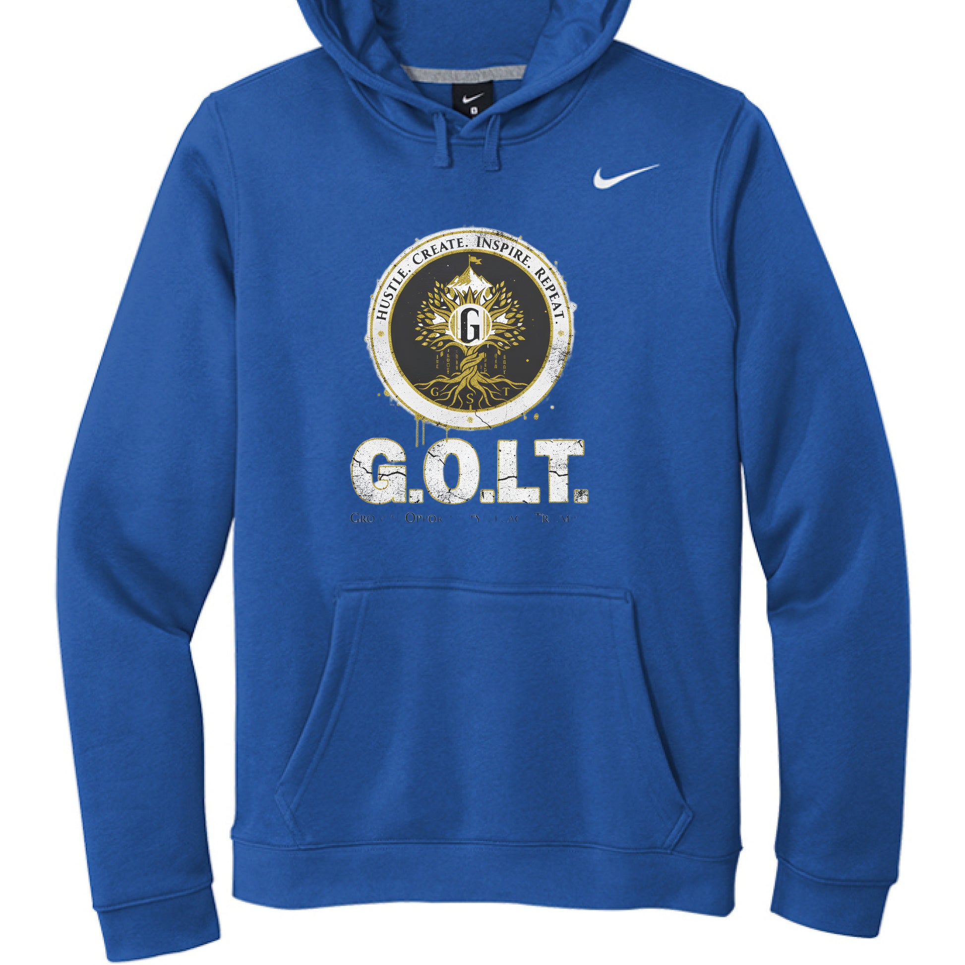 Royal blue Phoenix Mark pullover hoodie with chest logo graphic, Nike swoosh, and hood