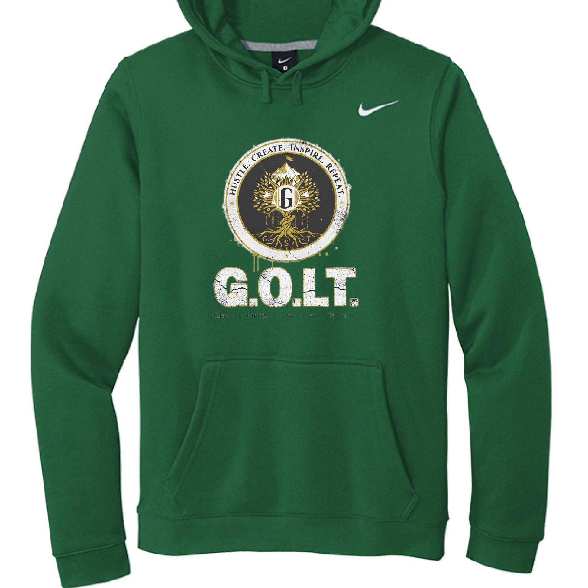Green Phoenix Mark pullover hoodie with chest logo graphic, Nike swoosh, and hood