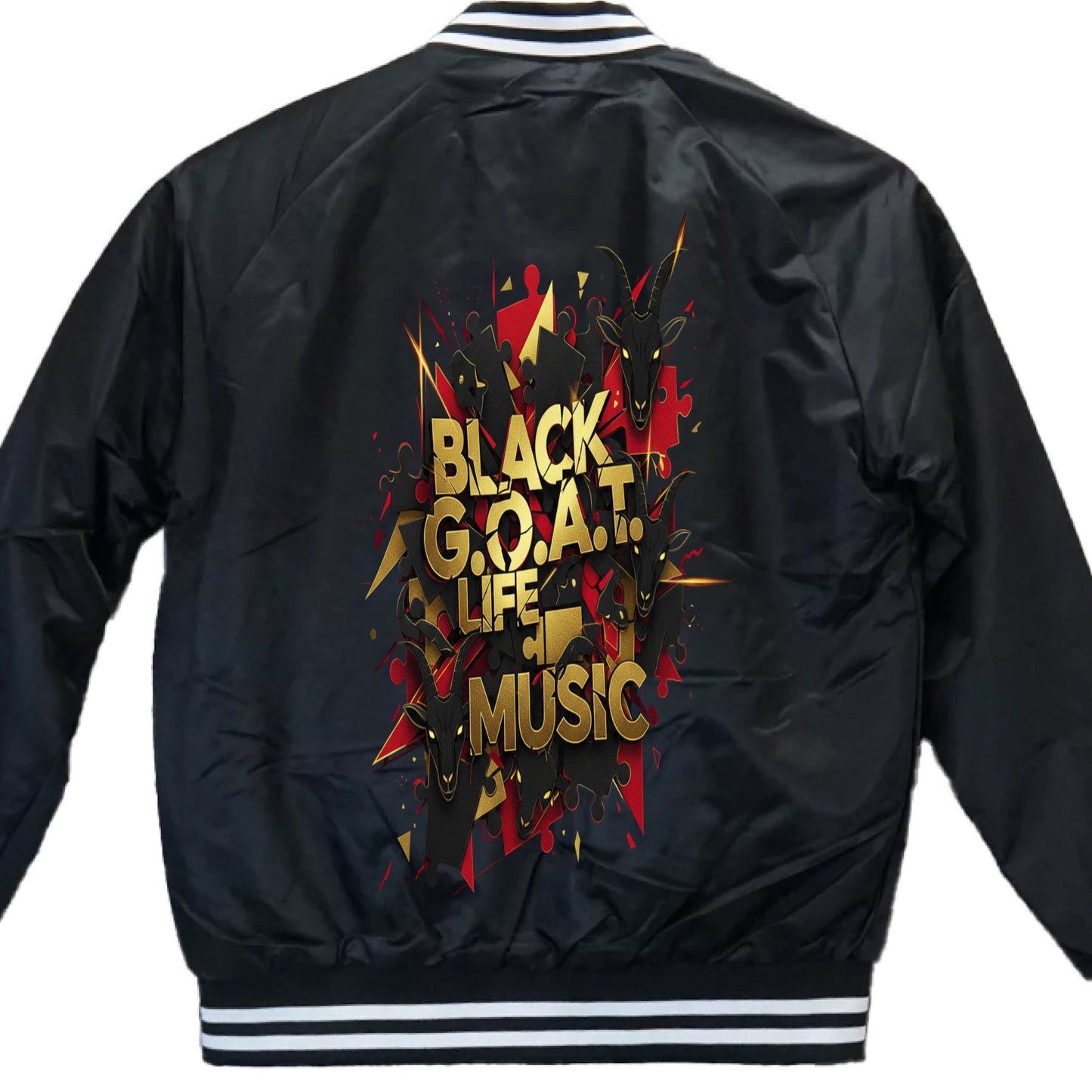 Black varsity bomber jacket with large back logo graphic and striped ribbed hem
