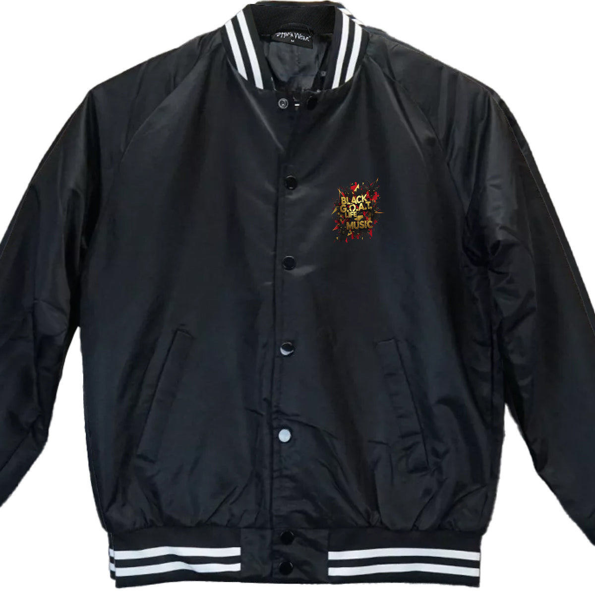 Black varsity bomber jacket with button front, ribbed collar and striped cuffs