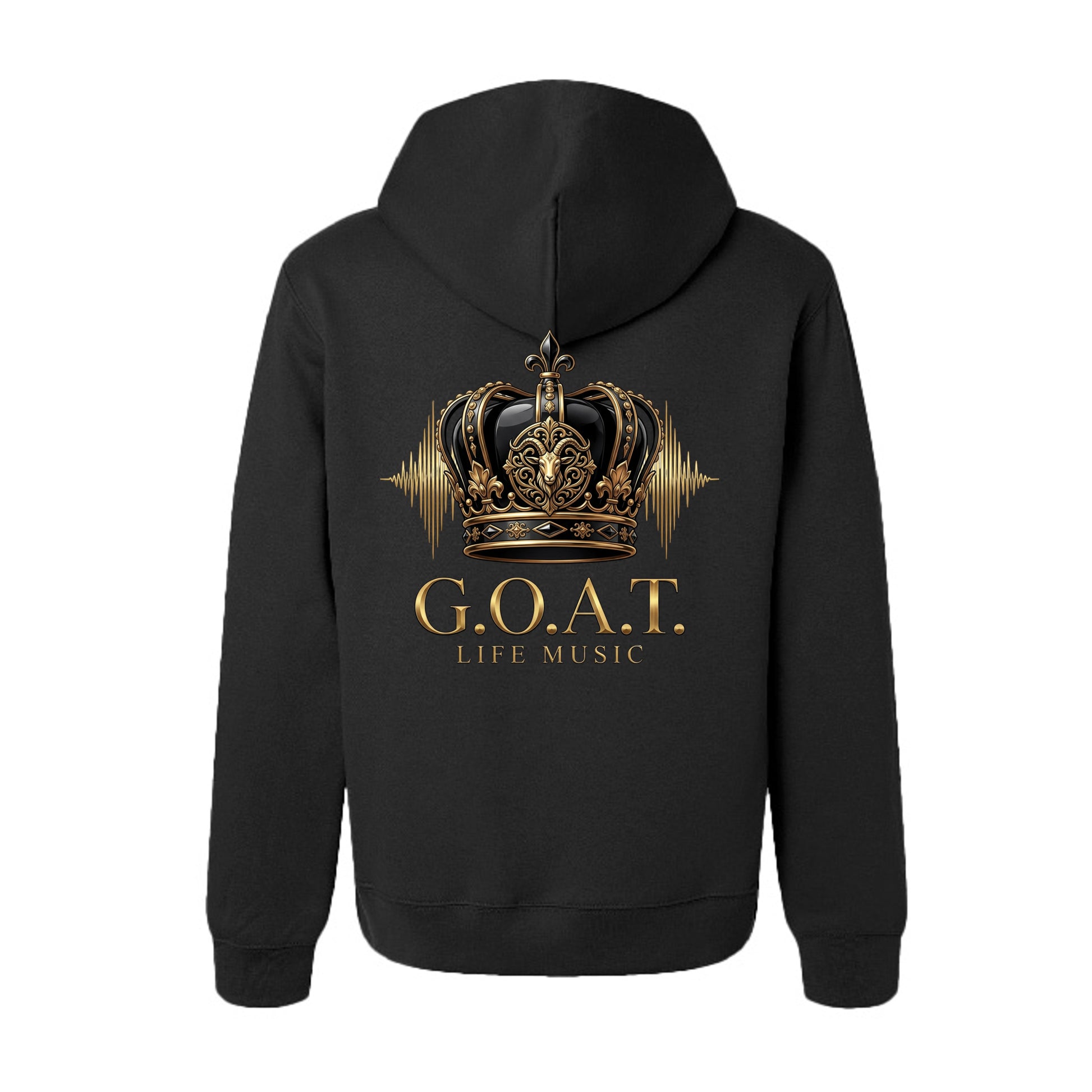 G.O.A.T. vintage black hoodie, back view with gold crown and “LIFE MUSIC” logo
