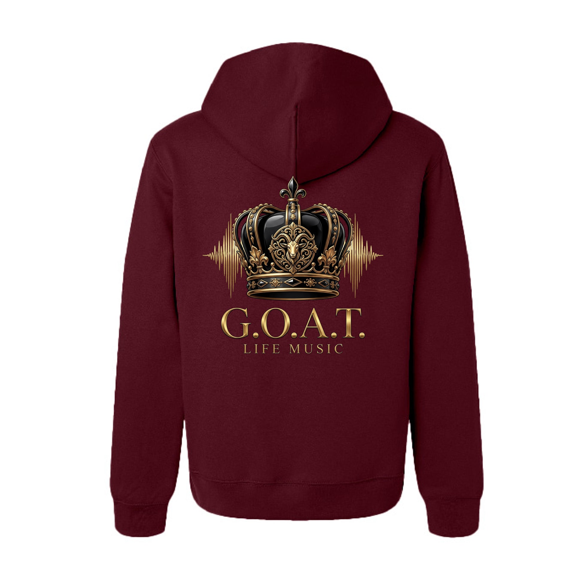 G.O.A.T. maroon hoodie, back view with gold crown and “LIFE MUSIC” logo