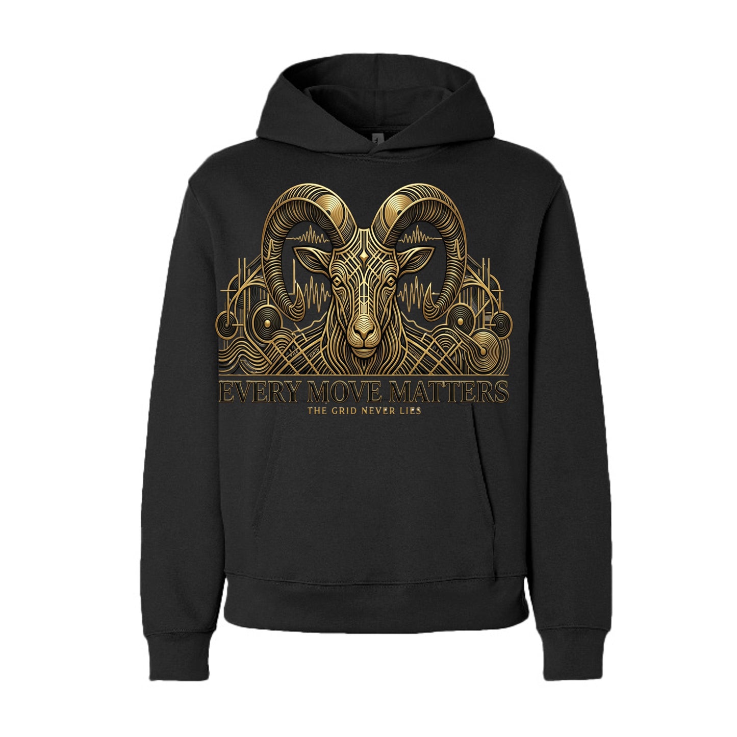 G.O.A.T. vintage black hoodie with gold ram graphic and “EVERY MOVE MATTERS” print