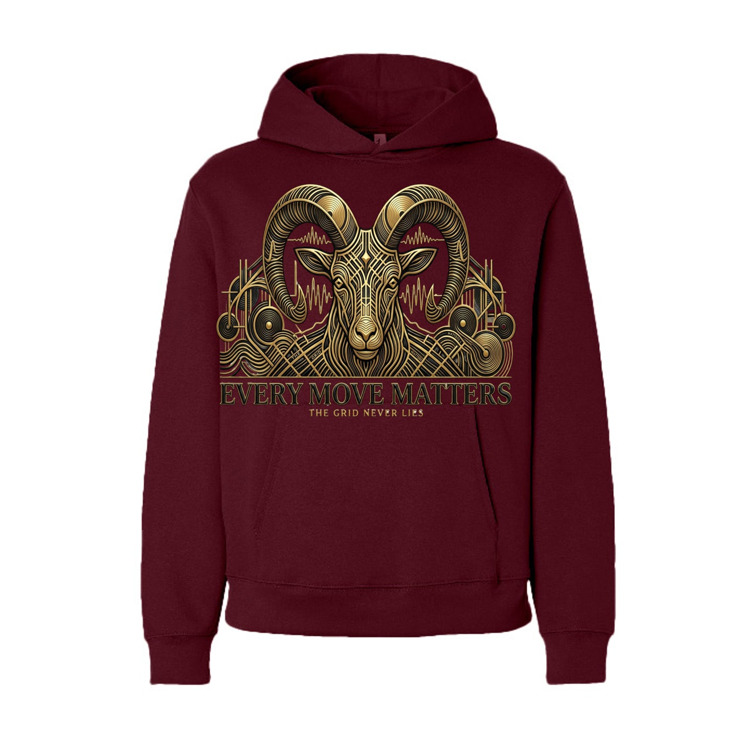 G.O.A.T. maroon hoodie with gold ram graphic and “EVERY MOVE MATTERS” print