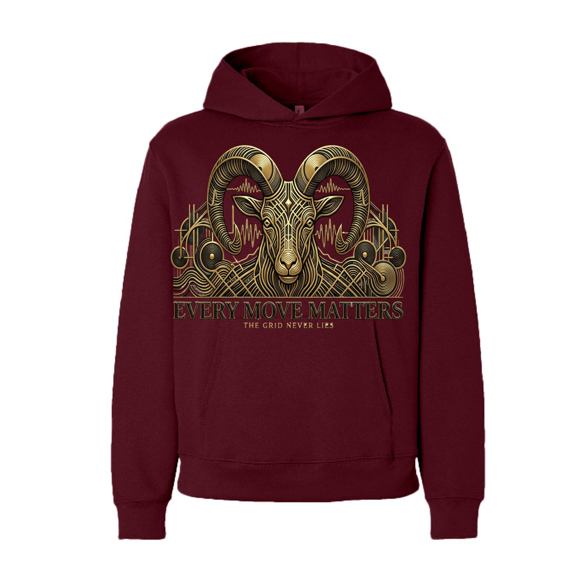 G.O.A.T. maroon hoodie with gold ram graphic and “EVERY MOVE MATTERS” print
