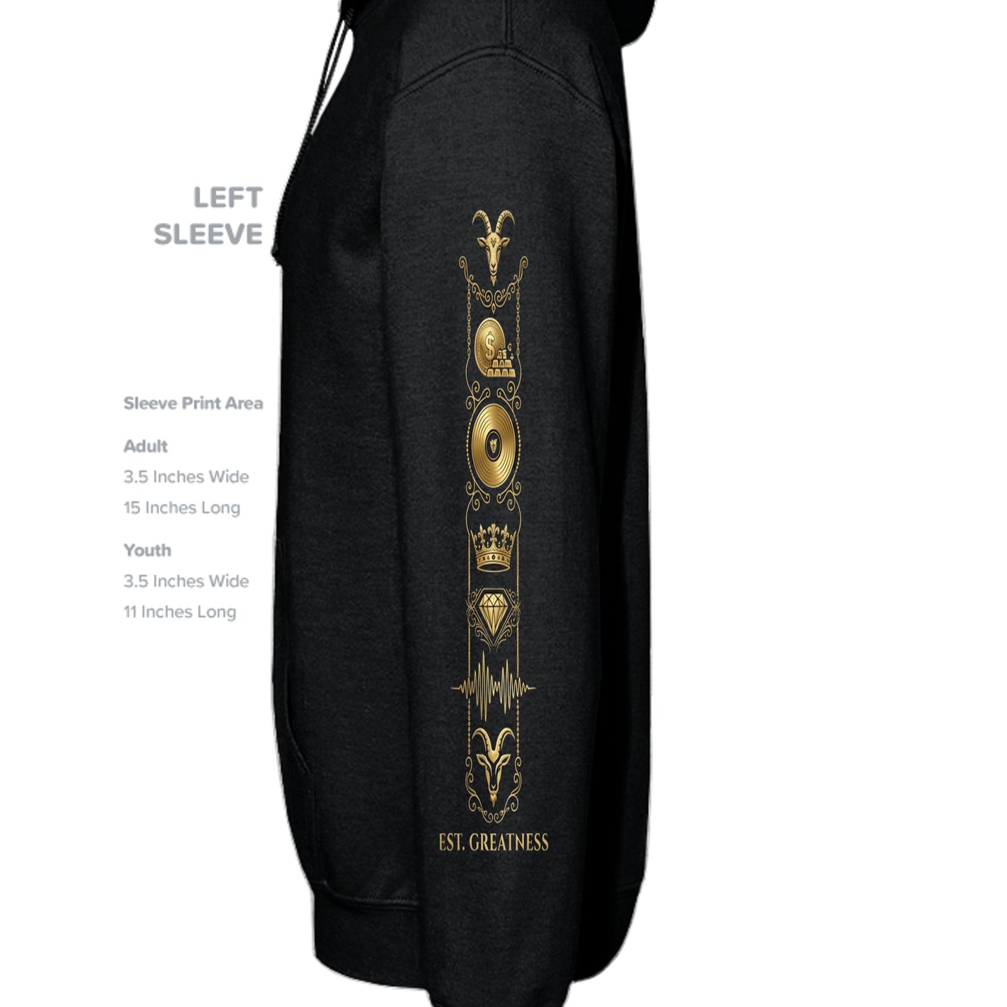 G.O.A.T. vintage black hoodie left sleeve with vertical gold ornament graphic