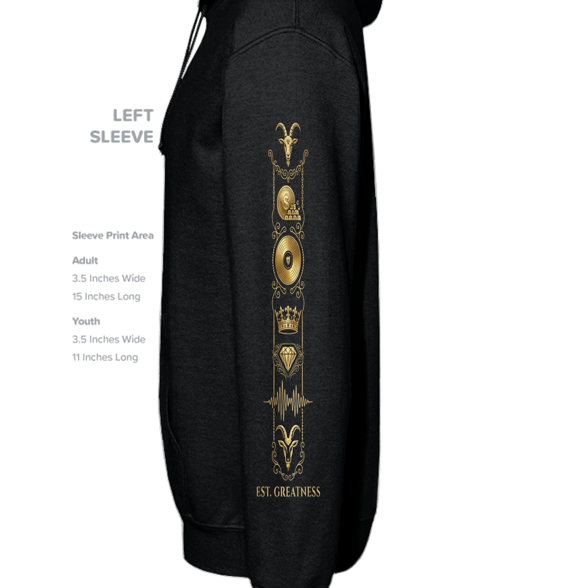 G.O.A.T. vintage black hoodie left sleeve with vertical gold ornament graphic