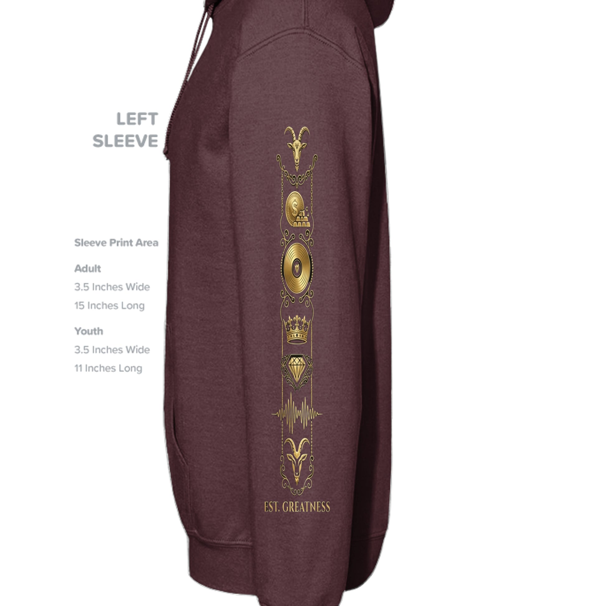 G.O.A.T. maroon hoodie left sleeve with vertical gold ornament graphic