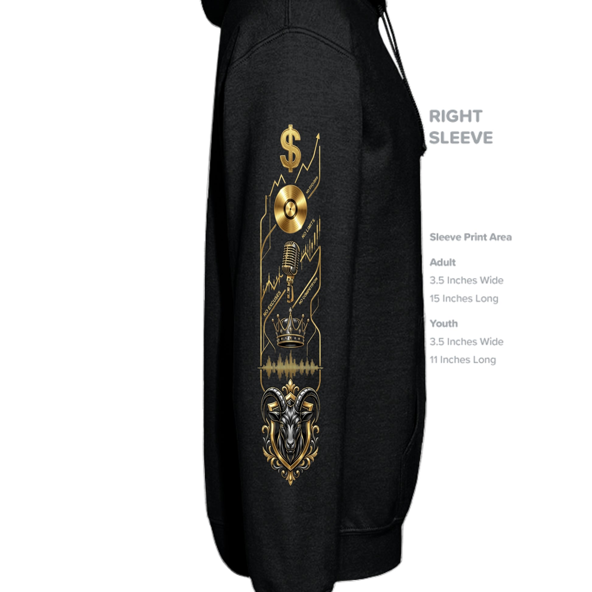 G.O.A.T. vintage black hoodie right sleeve with gold dollar symbol and crest graphic