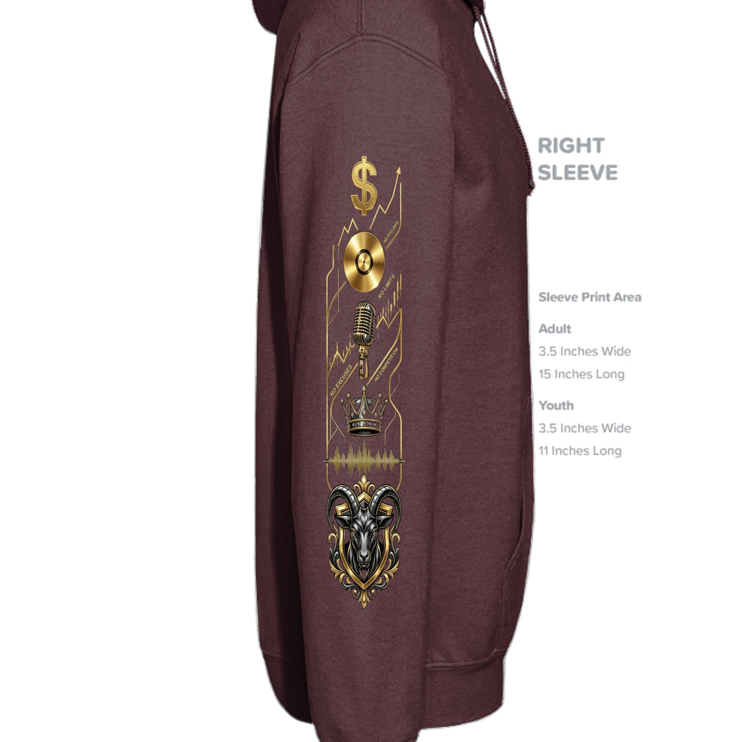 G.O.A.T. maroon hoodie right sleeve with gold dollar symbol and crest graphic