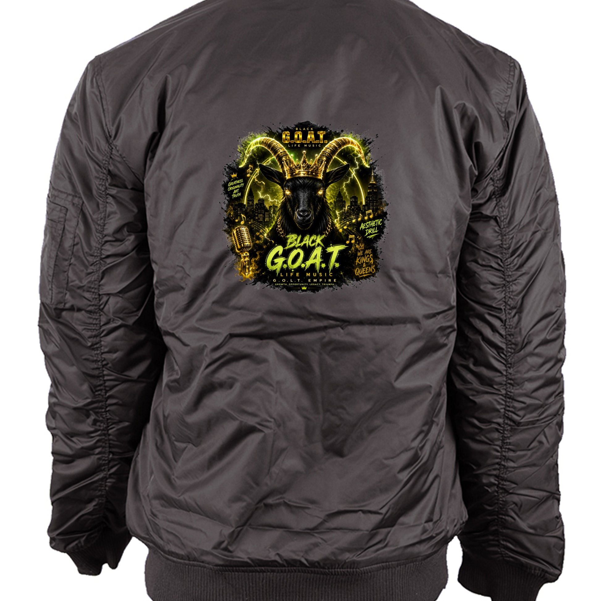Black bomber jacket with large back GOA† Life Music graphic and ribbed hem
