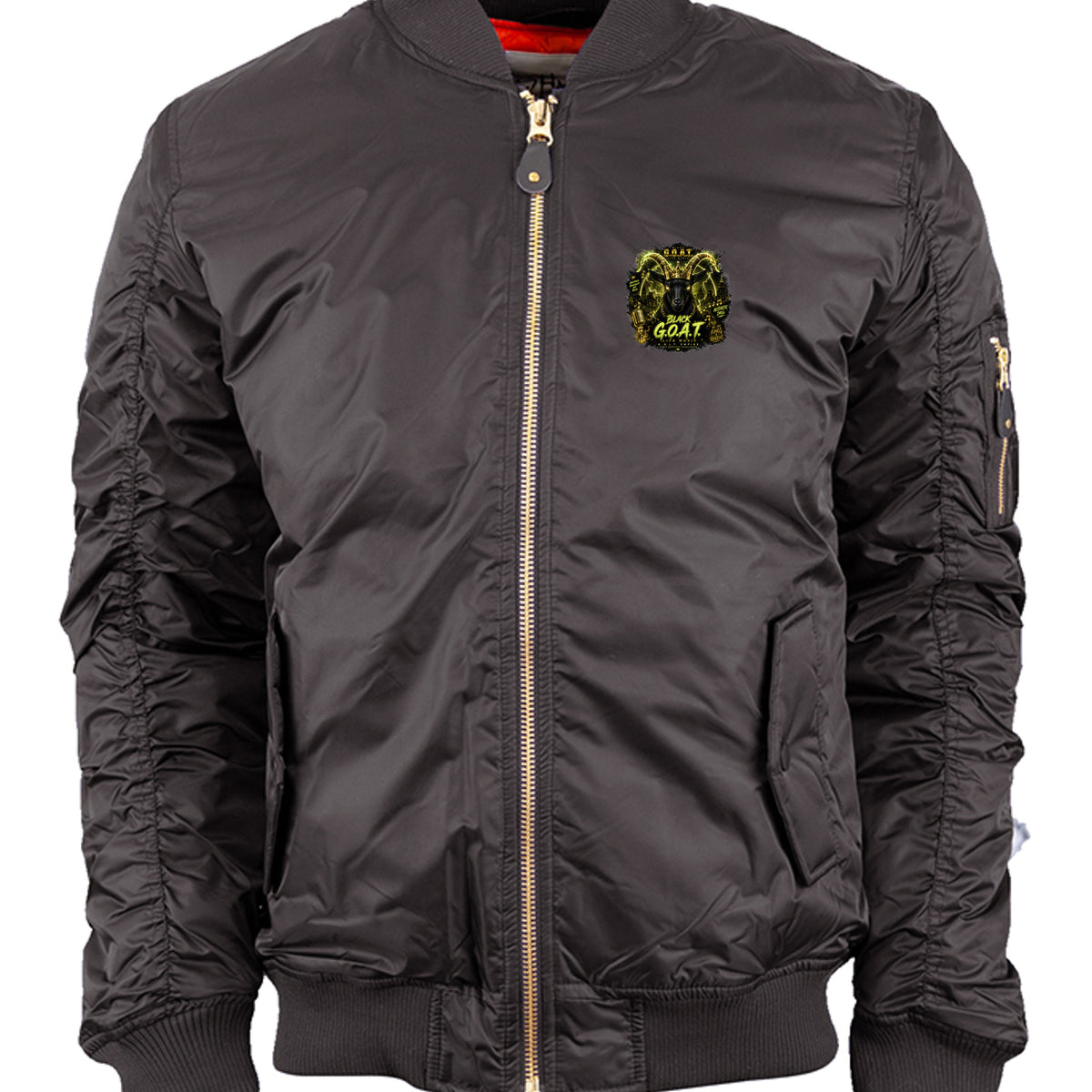 Black bomber jacket with gold zipper and small GOA† Life Music chest patch