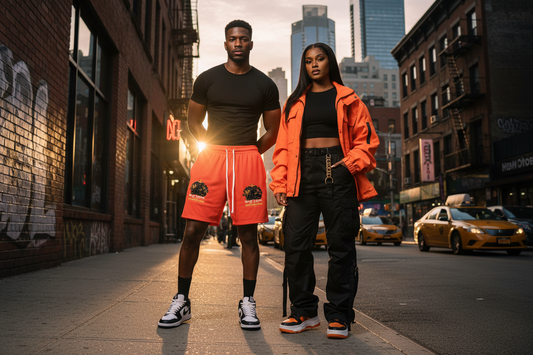 Orange mesh drawstring shorts worn on model, with front graphic and drawstring