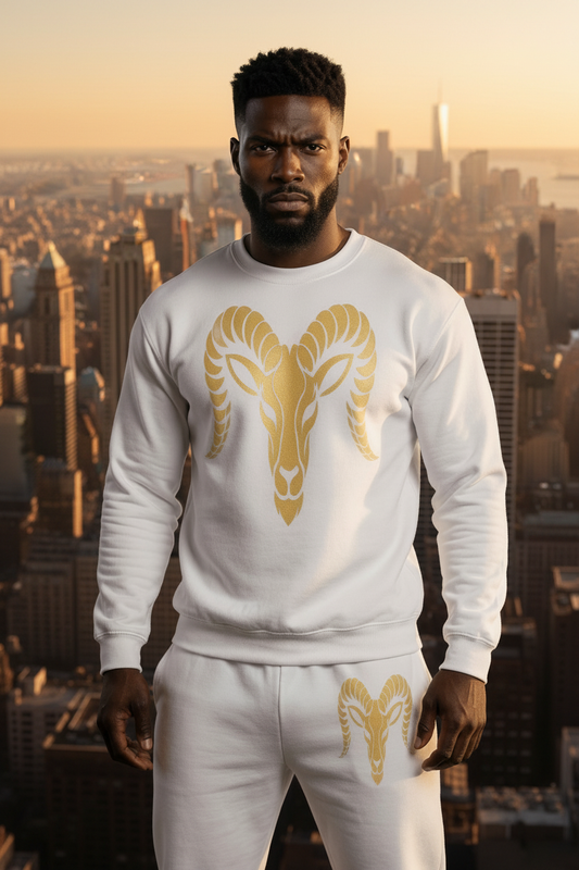 White crewneck sweatshirt with gold winged ram emblem, worn by model.
