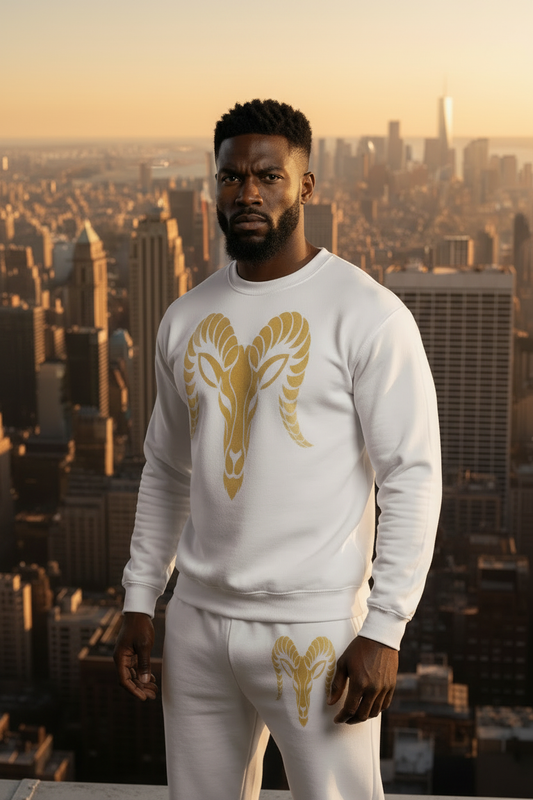 White sweatpants with gold winged ram logo on thigh; tapered jogger cuffs