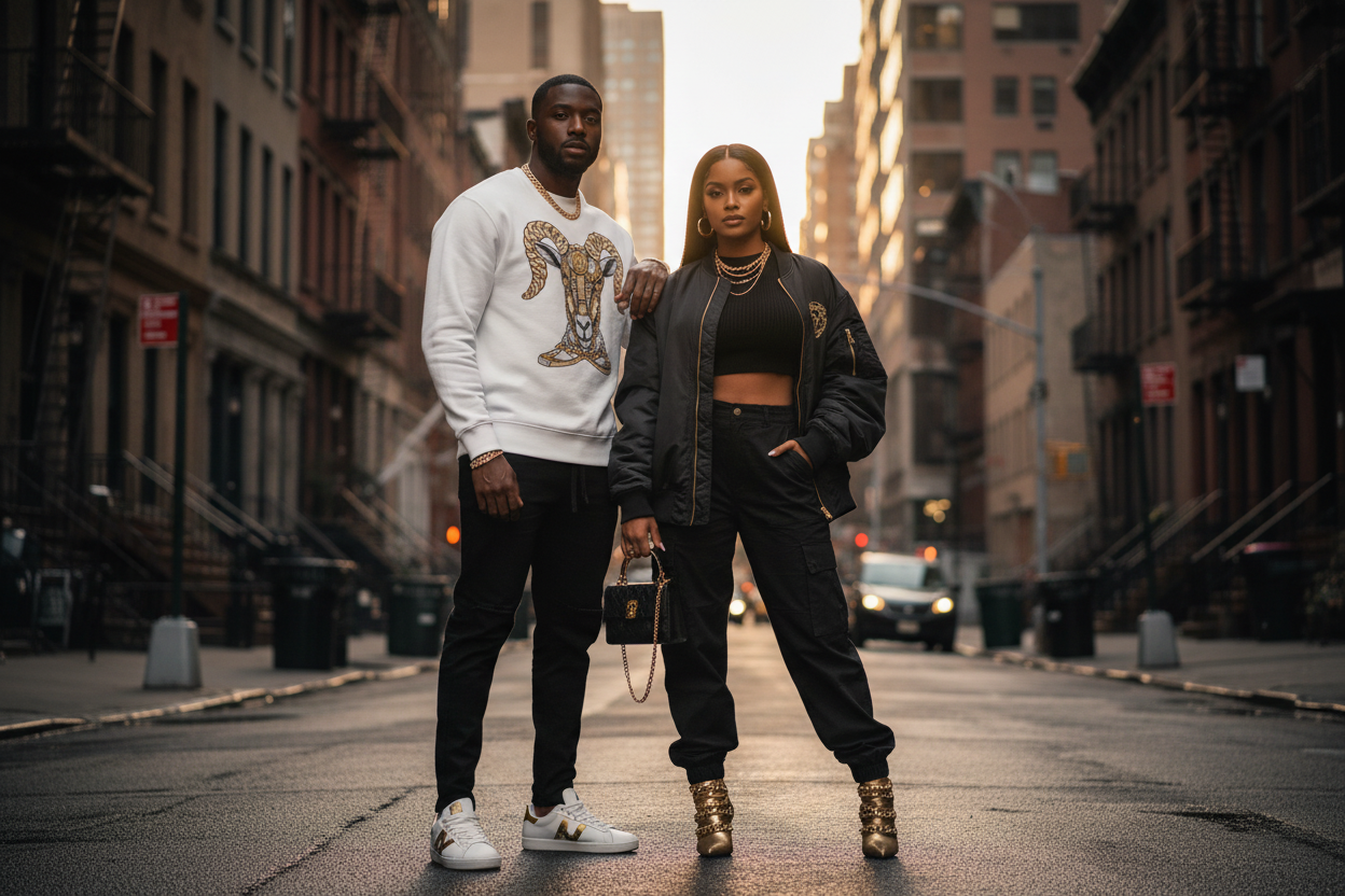 White crewneck sweatshirt and black jogger pants set, gold graphic at chest