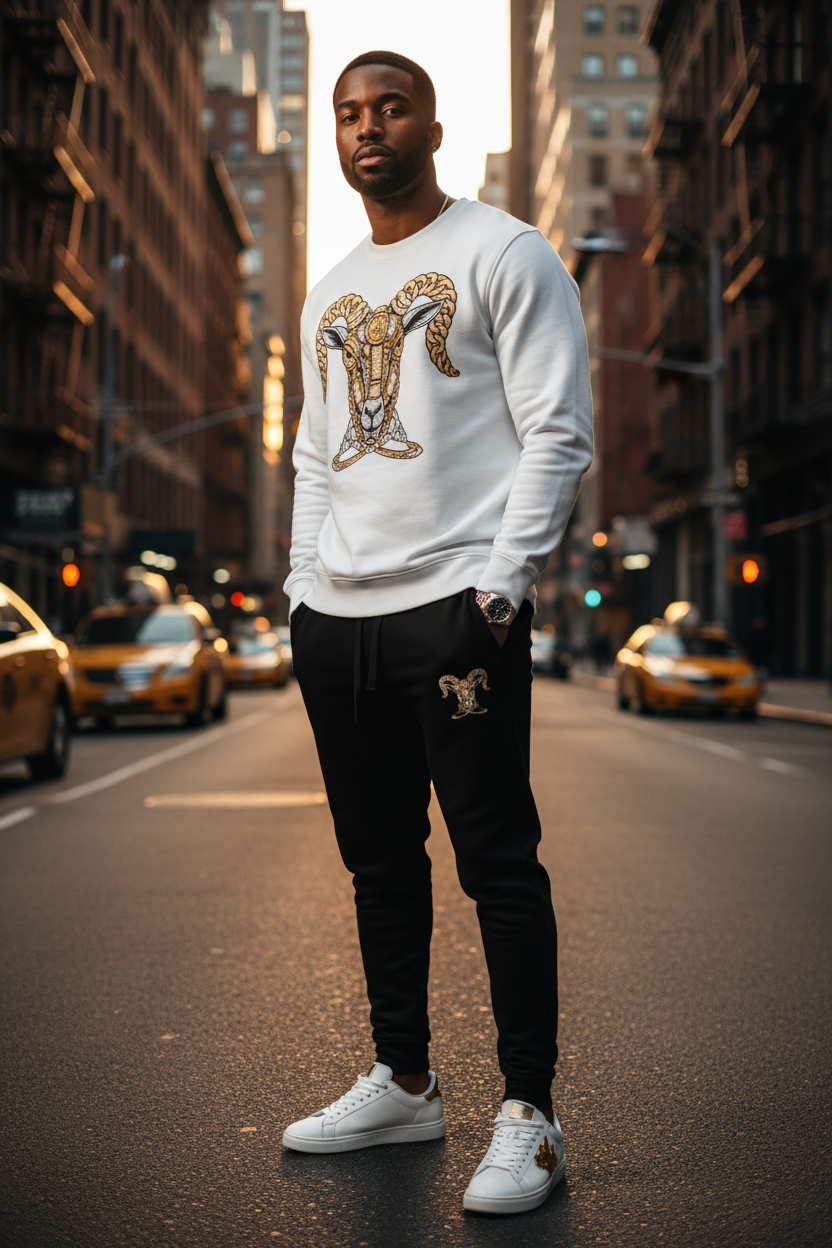 White crewneck sweatshirt with gold snake/gem graphic, black jogger pants