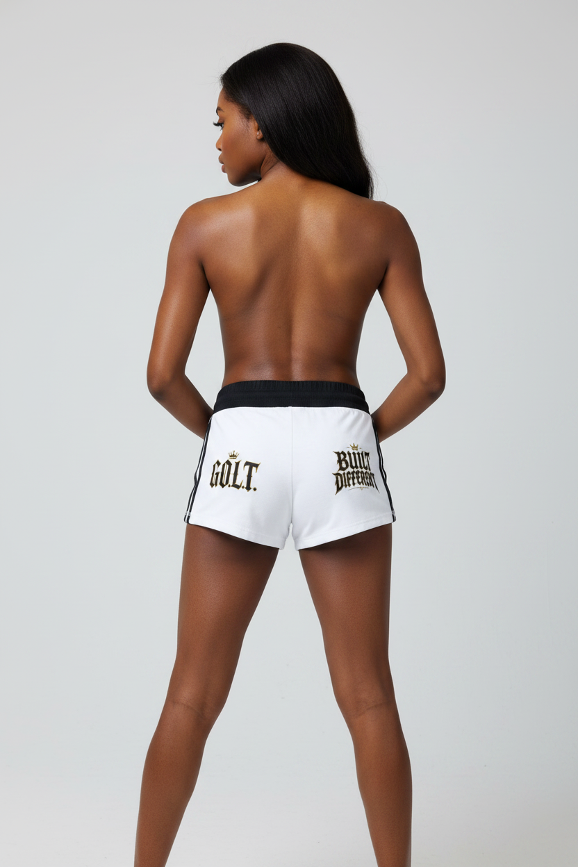 Women’s running track shorts back view in white with black waist trim and printed logos