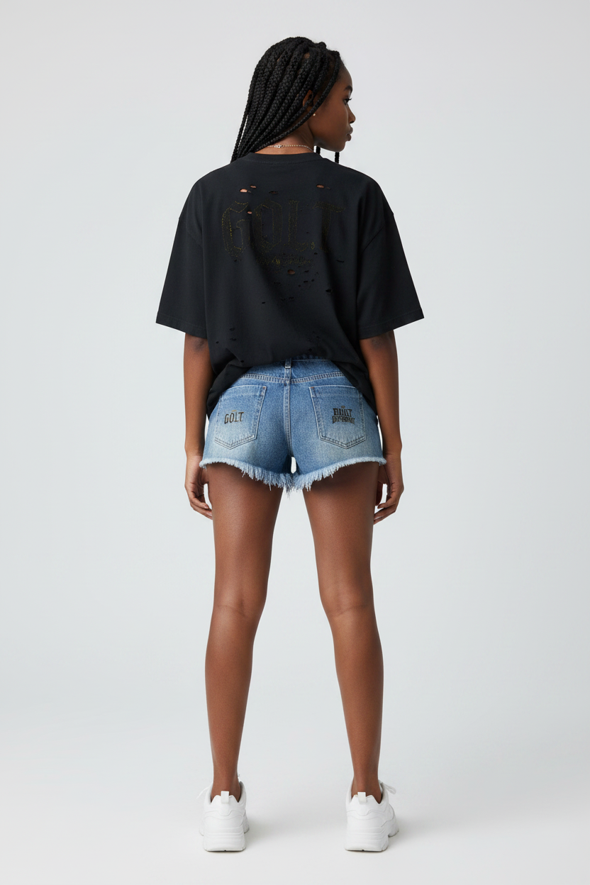 Blue vintage wash denim shorts with raw frayed hem, back view with logo detail