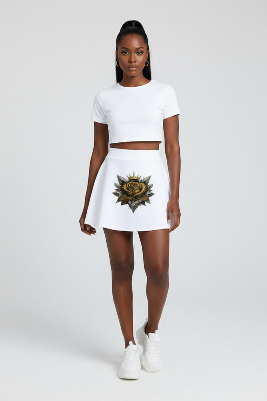 White high-waist A-line mini skirt with gold rose emblem graphic at center front