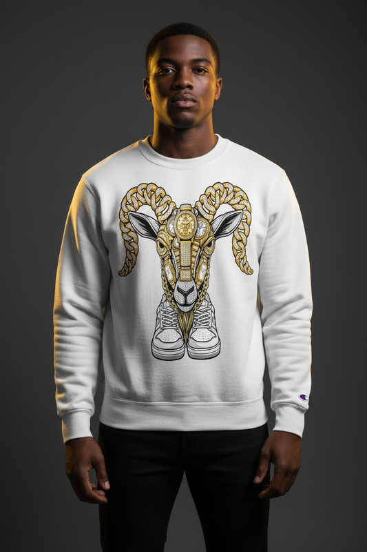 Light gray crewneck sweatshirt with embroidered ram graphic on the front