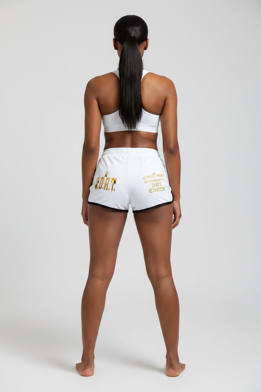 White women's retro shorts with black trim and gold back graphic