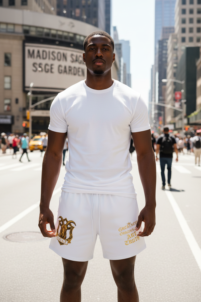 White loose-fit cotton unisex shorts with gold front and side logo prints