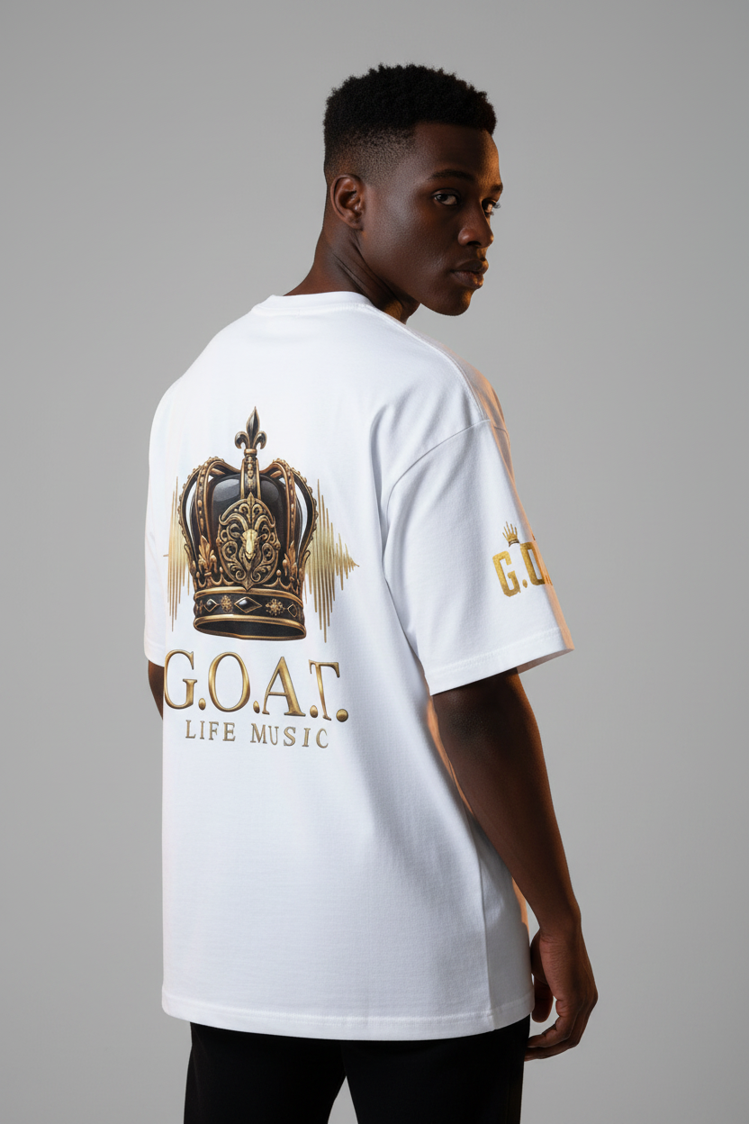 White oversized cotton T-shirt with gold "G.O.A.T. Life Music" logo on the back