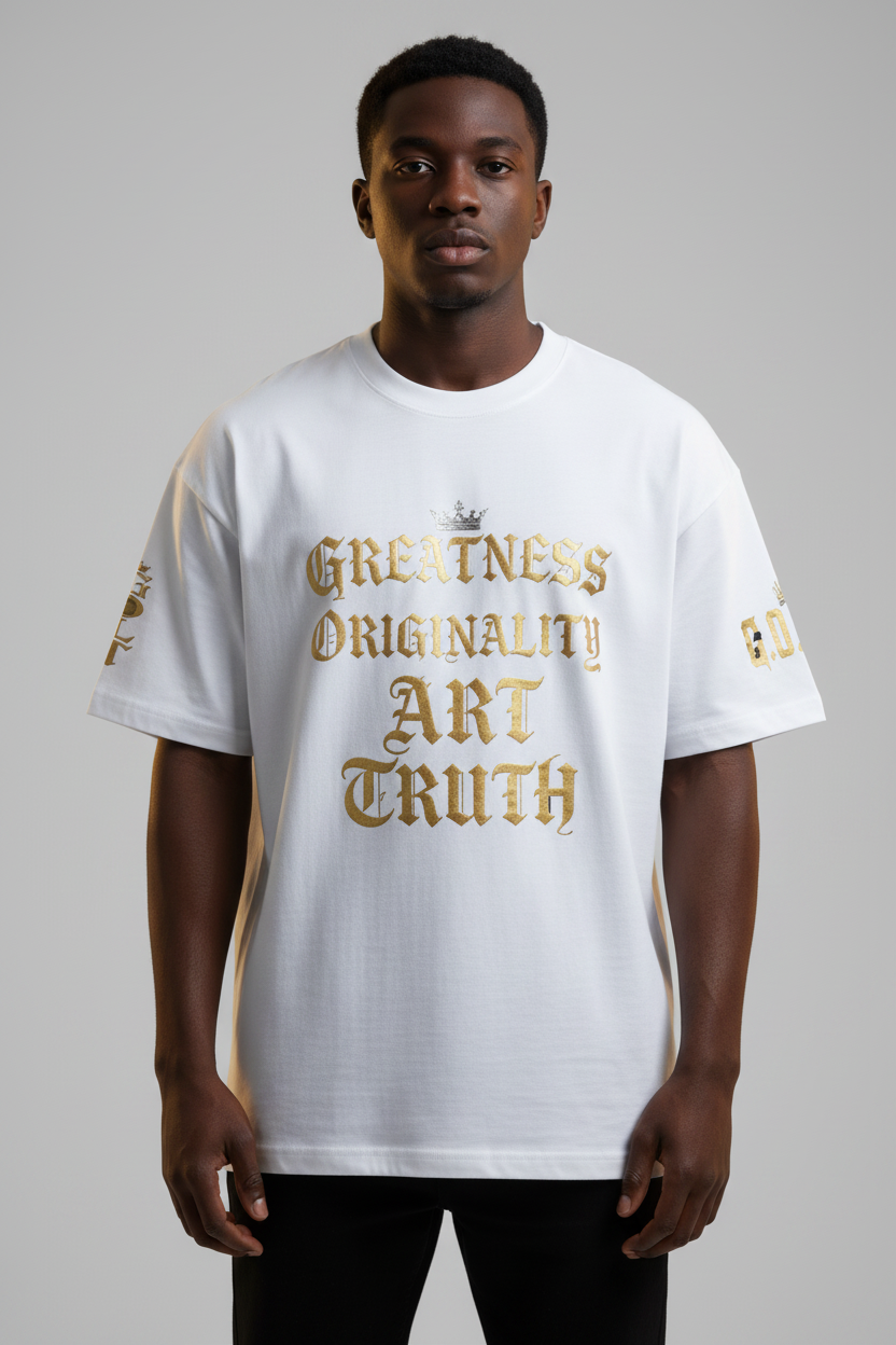 White oversized cotton T-shirt with gold "Greatness Originality Art Truth" graphic