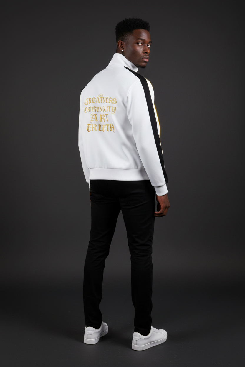 White cropped fleece track jacket with black contrast stripe sleeves and zip-front stand collar